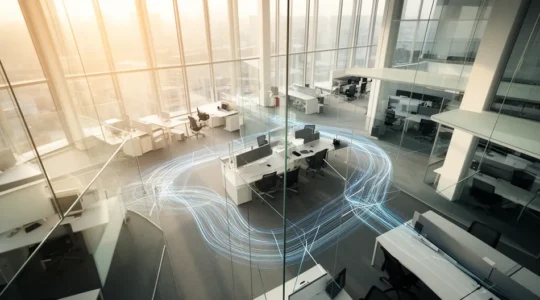 Vue aérienne d'un bureau moderne avec des éléments visuels représentant la connectivité et l'automatisation des processus d'entreprise