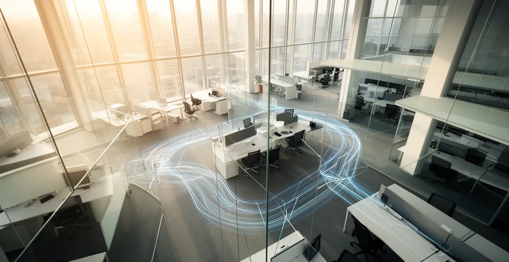 Vue aérienne d'un bureau moderne avec des éléments visuels représentant la connectivité et l'automatisation des processus d'entreprise