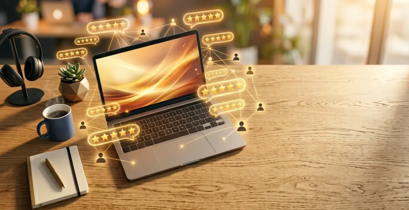 Scène de commerce électronique moderne avec analyse d'avis clients et étoiles de notation
