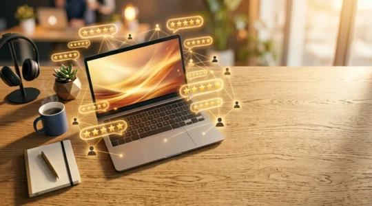 Scène de commerce électronique moderne avec analyse d'avis clients et étoiles de notation