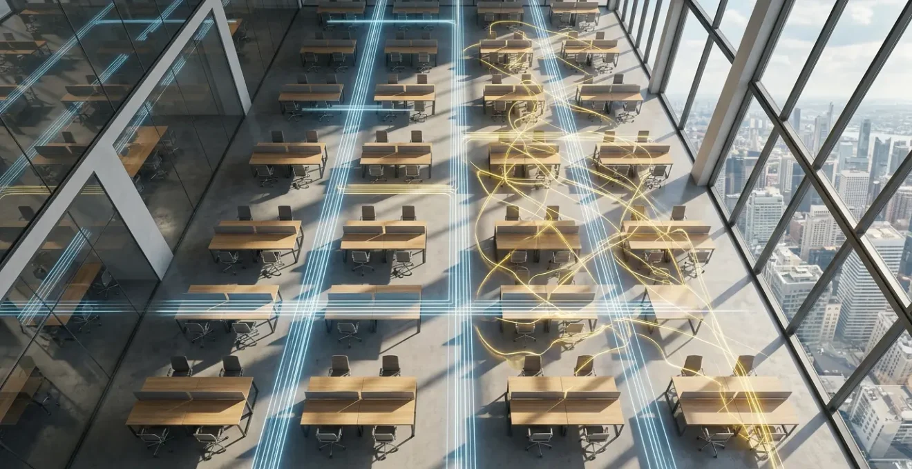 Vue aérienne d'un open space moderne avec des flux de données lumineux entre les bureaux