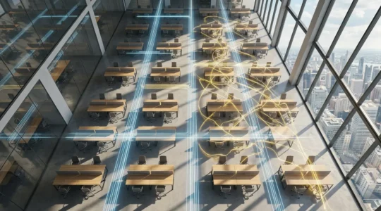 Vue aérienne d'un open space moderne avec des flux de données lumineux entre les bureaux