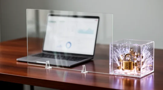 Vue conceptuelle d'un écran d'ordinateur flou montrant des graphiques analytics avec des éléments de sécurité et protection des données en premier plan