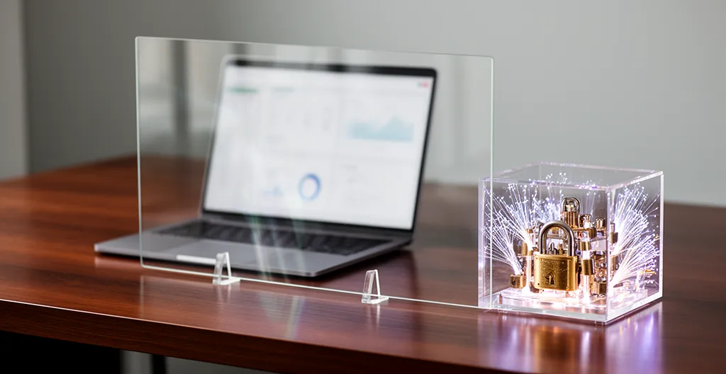 Vue conceptuelle d'un écran d'ordinateur flou montrant des graphiques analytics avec des éléments de sécurité et protection des données en premier plan