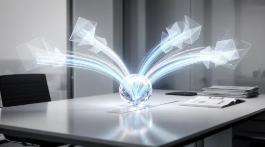 Bureau professionnel moderne avec multiples écrans de données interconnectés, flux lumineux représentant la synchronisation des données marketing