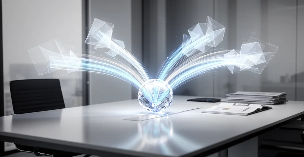 Bureau professionnel moderne avec multiples écrans de données interconnectés, flux lumineux représentant la synchronisation des données marketing