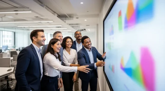 Équipe commerciale motivée travaillant ensemble dans un bureau moderne avec des outils numériques