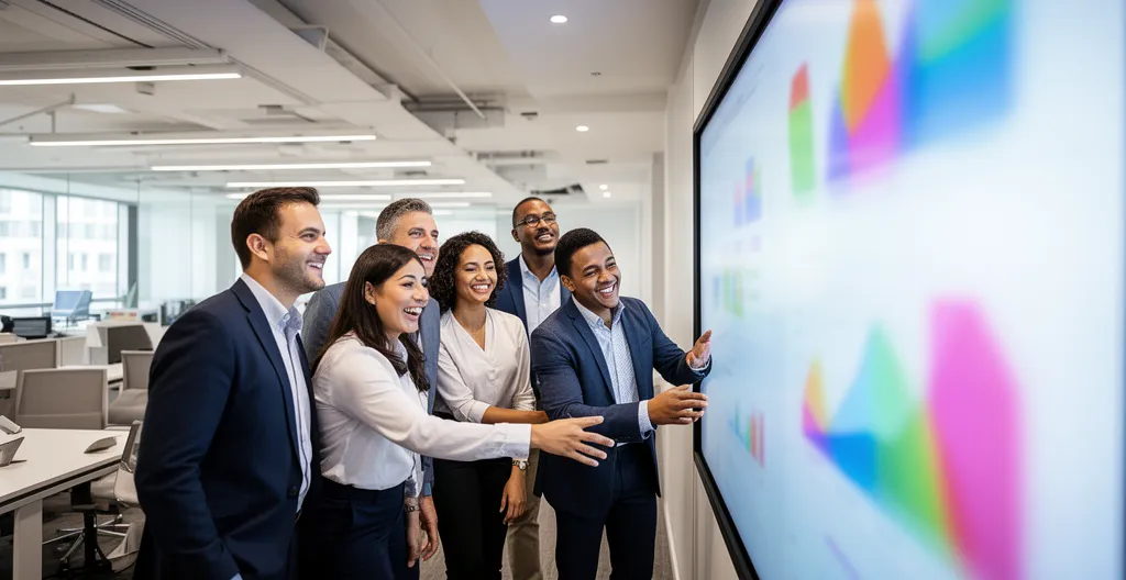 Équipe commerciale motivée travaillant ensemble dans un bureau moderne avec des outils numériques