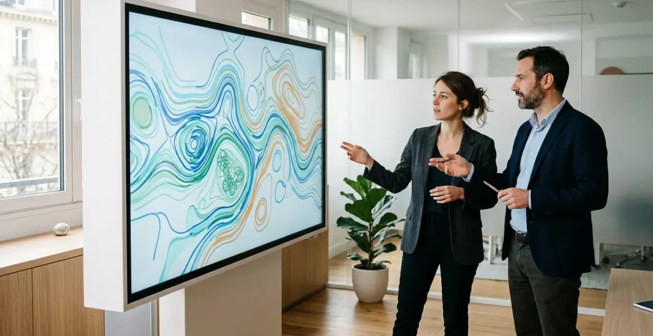 Professionnels analysant des données d'engagement sur un écran interactif dans un espace de travail moderne