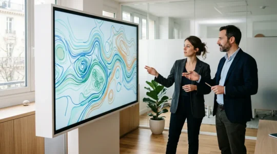 Professionnels analysant des données d'engagement sur un écran interactif dans un espace de travail moderne