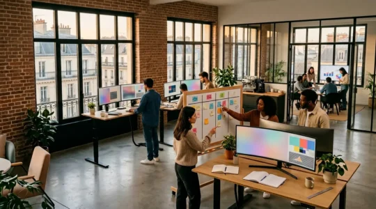 Équipes de développement travaillant sur différents frameworks JavaScript dans un espace de coworking moderne en France