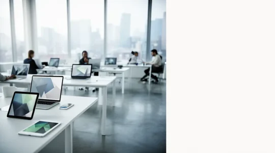 Professionnels utilisant des applications web progressives sur différents appareils dans un environnement de travail moderne