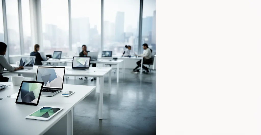 Professionnels utilisant des applications web progressives sur différents appareils dans un environnement de travail moderne