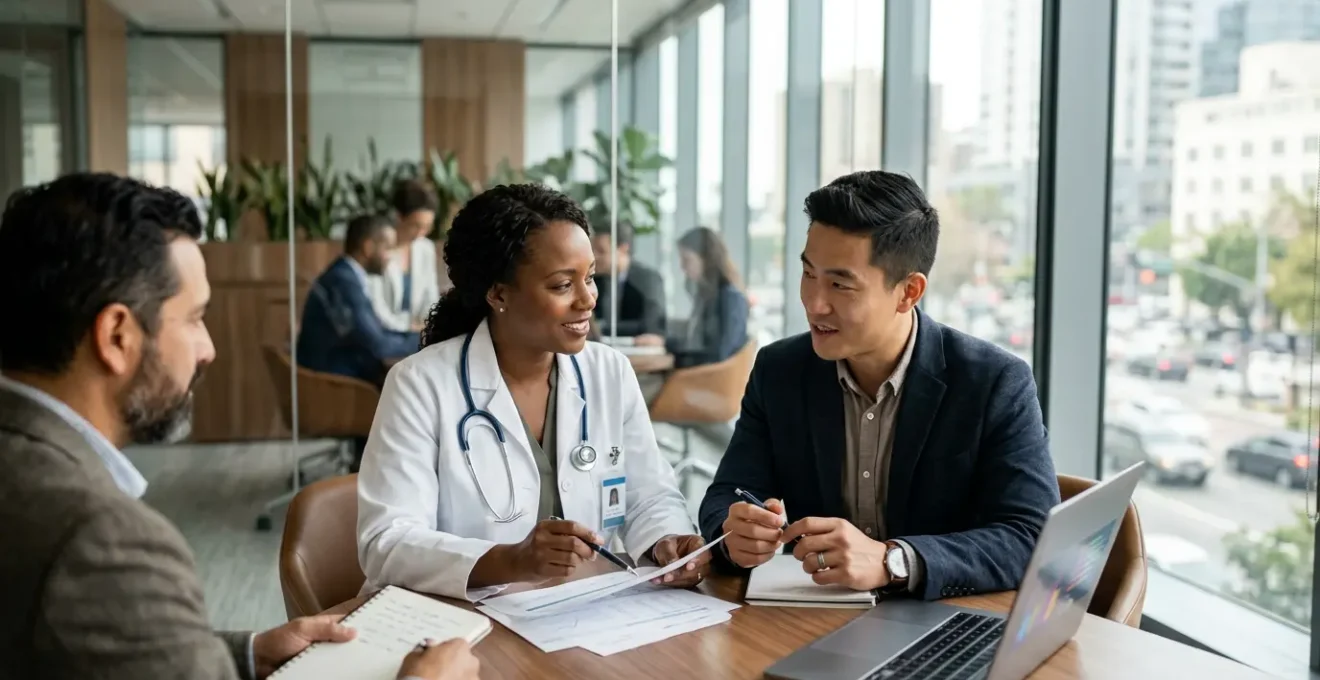 Équipe d'experts analysant des données médicales et financières dans un environnement professionnel moderne