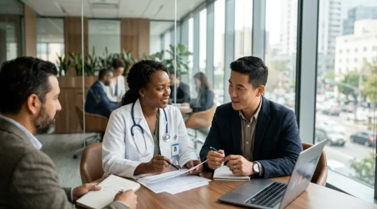 Équipe d'experts analysant des données médicales et financières dans un environnement professionnel moderne