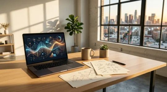 Bureau moderne avec écran analysant des graphiques de performance SEO et indexation Google