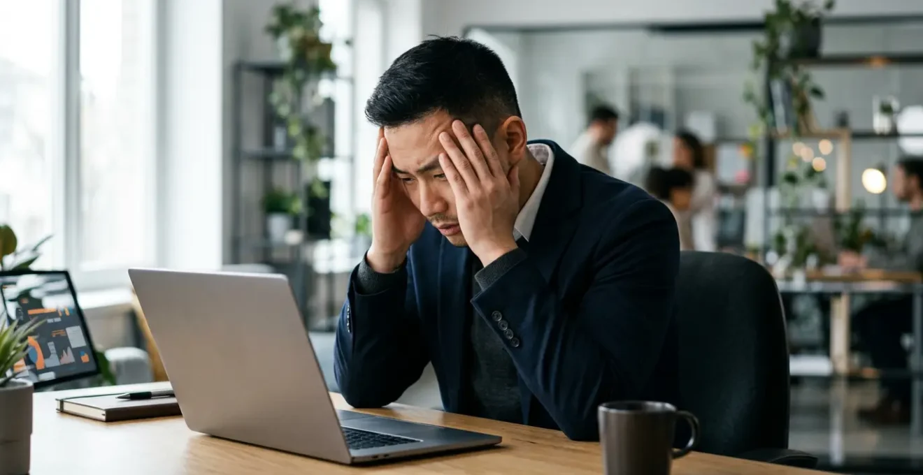 Visiteur perplexe devant un écran d'ordinateur affichant une interface web moderne mais complexe