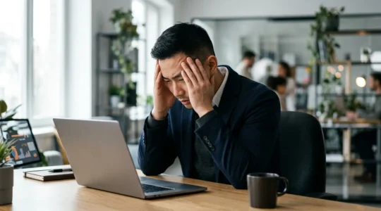 Visiteur perplexe devant un écran d'ordinateur affichant une interface web moderne mais complexe