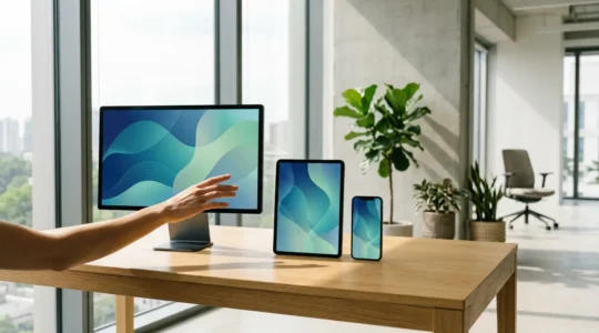 Écrans d'ordinateur, tablette et smartphone synchronisés affichant une interface cohérente dans un espace de travail moderne