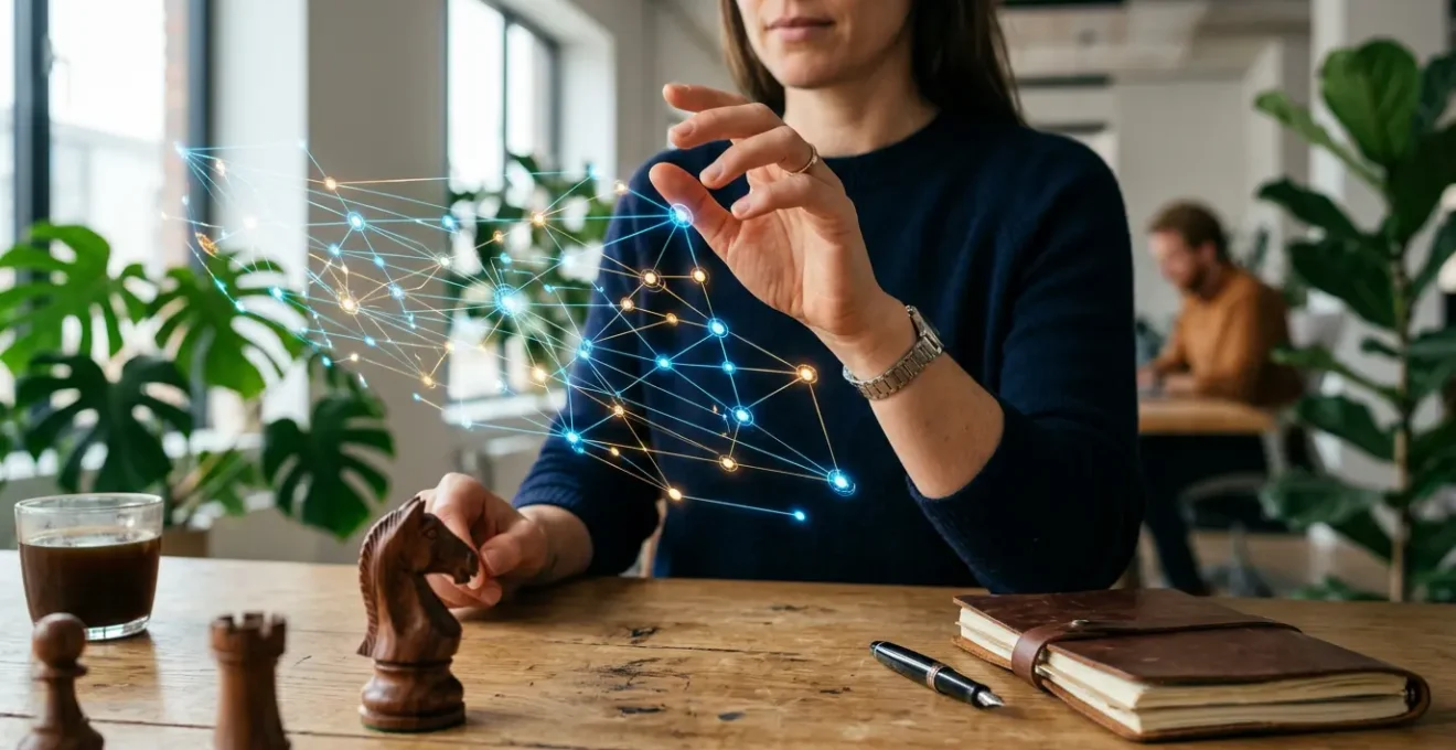 Entrepreneur examinant une carte numérique interactive sur un bureau en bois, avec analyse de données SEO et architecture de site visible