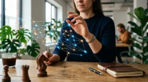 Entrepreneur examinant une carte numérique interactive sur un bureau en bois, avec analyse de données SEO et architecture de site visible