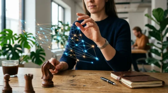 Entrepreneur examinant une carte numérique interactive sur un bureau en bois, avec analyse de données SEO et architecture de site visible