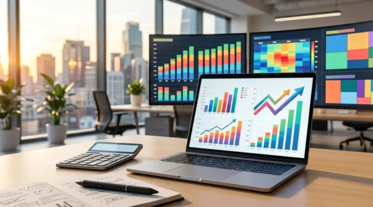 Tableau de bord d'analyse de rentabilité avec graphiques de marges et CPA par produit dans un bureau moderne