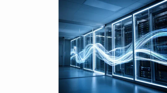 Infrastructure de serveur de données avec flux lumineux représentant le tracking server-side