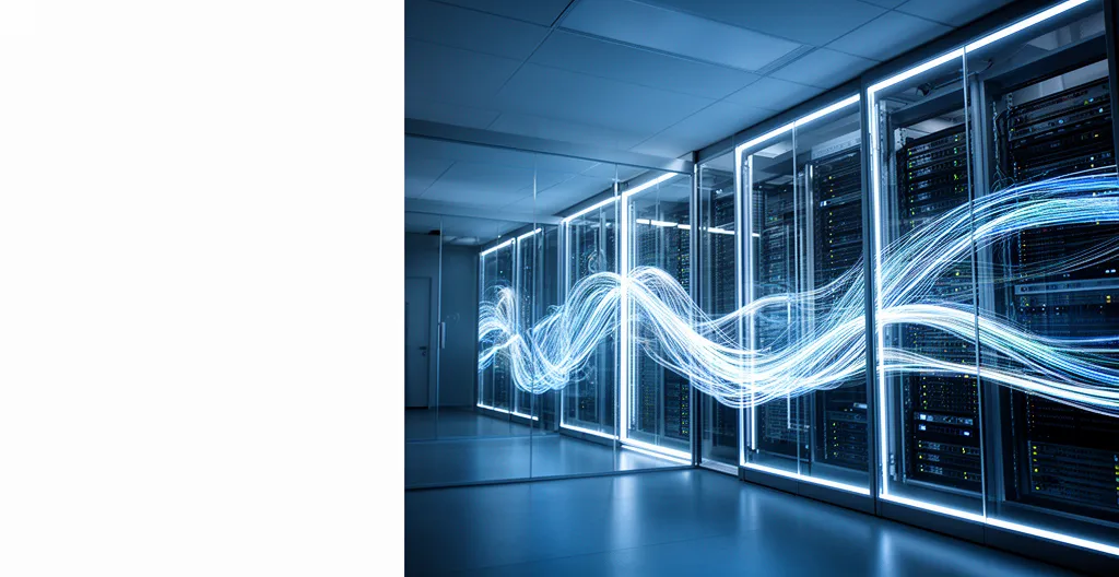 Infrastructure de serveur de données avec flux lumineux représentant le tracking server-side