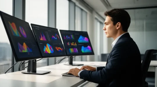 Professionnel du marketing analysant des données SEO sur plusieurs écrans dans un bureau moderne