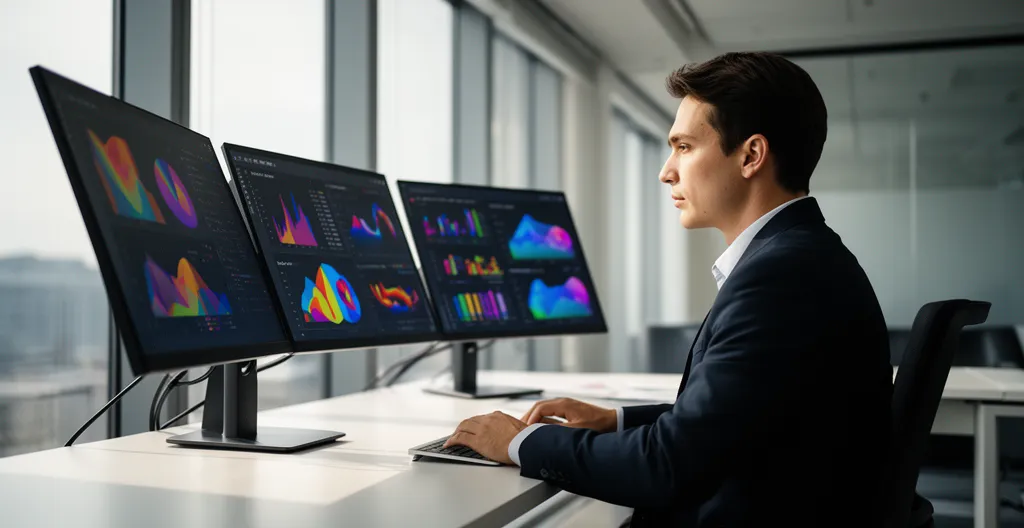 Professionnel du marketing analysant des données SEO sur plusieurs écrans dans un bureau moderne