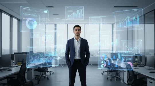 Stratège digital analysant des données SEO multiples avec écrans holographiques et graphiques de trafic en arrière-plan