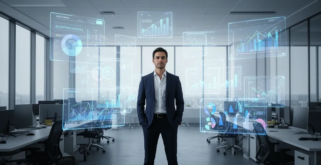 Stratège digital analysant des données SEO multiples avec écrans holographiques et graphiques de trafic en arrière-plan