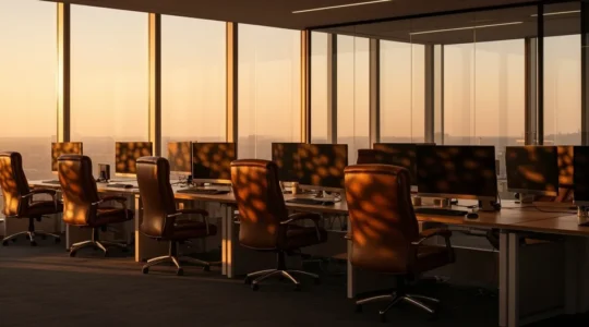 Écrans de tableaux de bord éteints dans un bureau moderne avec reflets lumineux