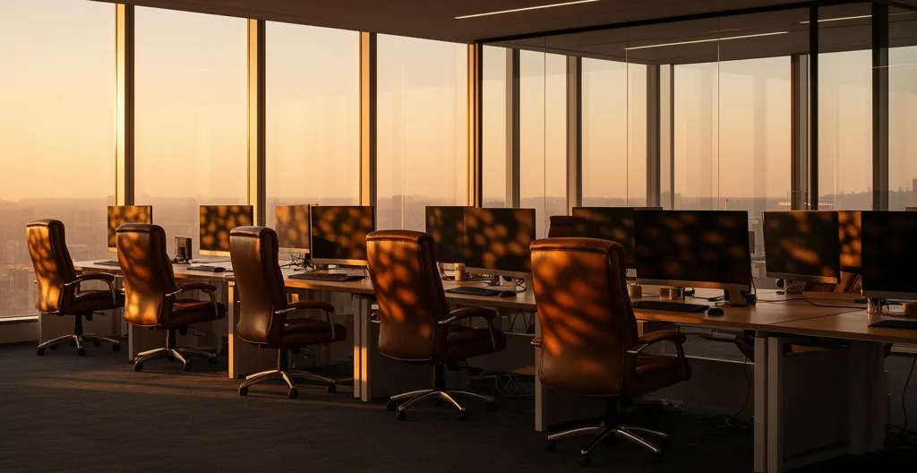 Écrans de tableaux de bord éteints dans un bureau moderne avec reflets lumineux