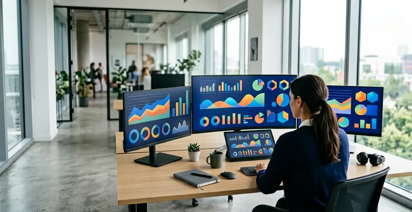 Écrans multiples affichant différentes versions de tests A/B avec indicateurs de performance et graphiques de CTR en environnement de travail marketing moderne