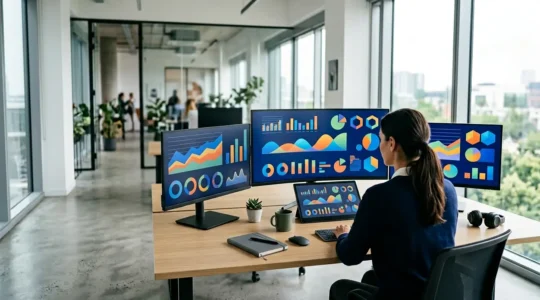 Écrans multiples affichant différentes versions de tests A/B avec indicateurs de performance et graphiques de CTR en environnement de travail marketing moderne