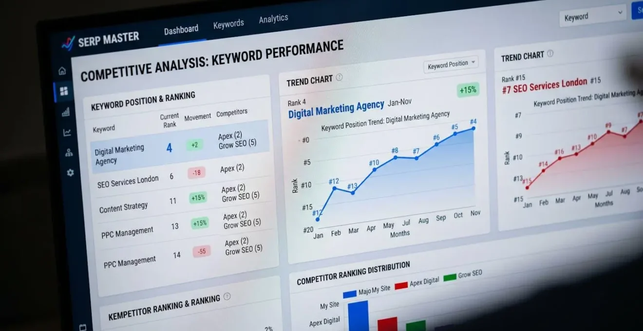 Vue macro d'un écran d'analyse concurrentielle avec graphiques de positions et tendances de mots-clés