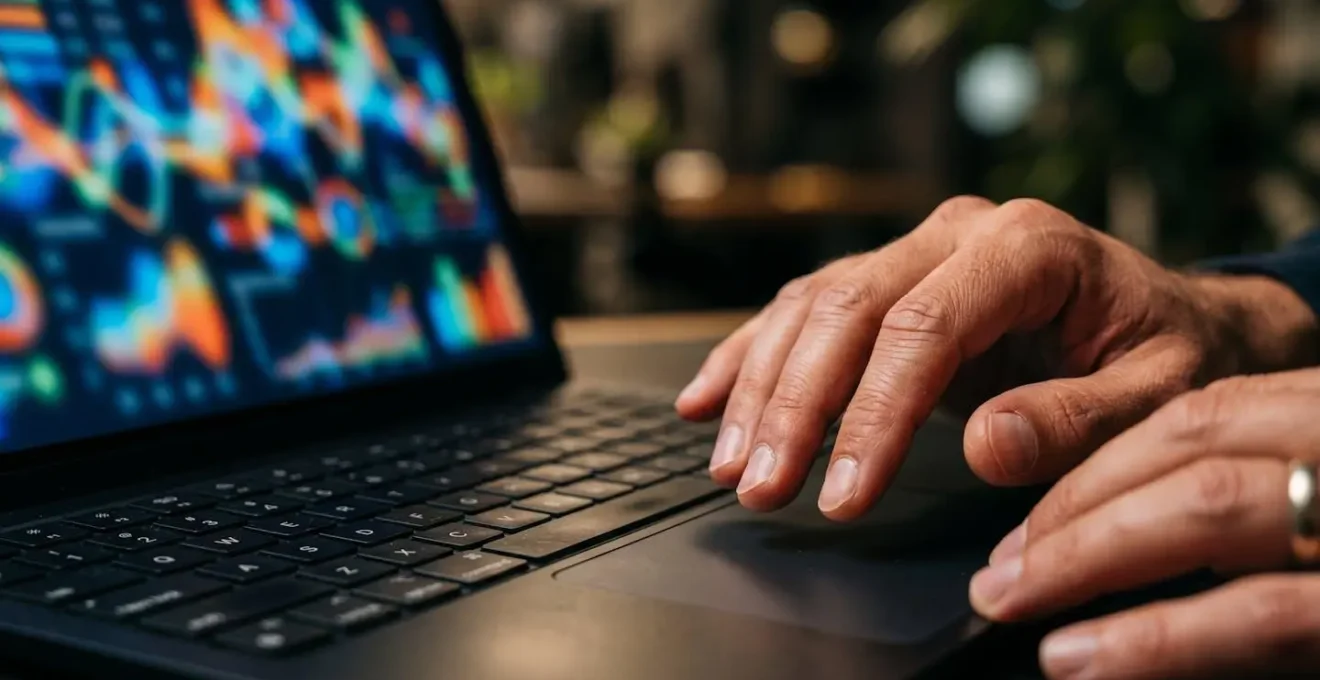 Gros plan sur des mains analysant des données sur un écran avec graphiques abstraits
