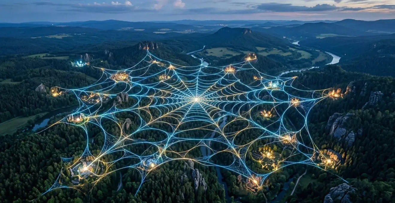 Vue aérienne d'une structure en forme de toile d'araignée lumineuse connectant des points nodaux sur une surface naturelle, métaphore du cocon sémantique.