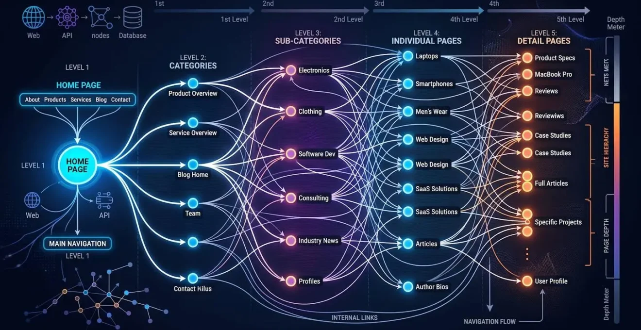 Visualisation d'une architecture de site web montrant différents niveaux de profondeur et connexions internes