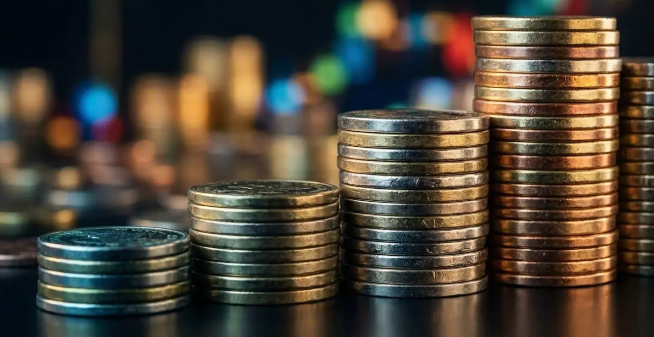 Vue macro de pièces de monnaie empilées avec graphiques de rentabilité en arrière-plan