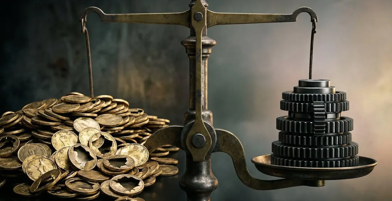 Comparaison visuelle entre métriques de vanité (pièces d'or creuses) et métriques actionnables (engrenages solides), symbolisant la substance contre l'apparence.