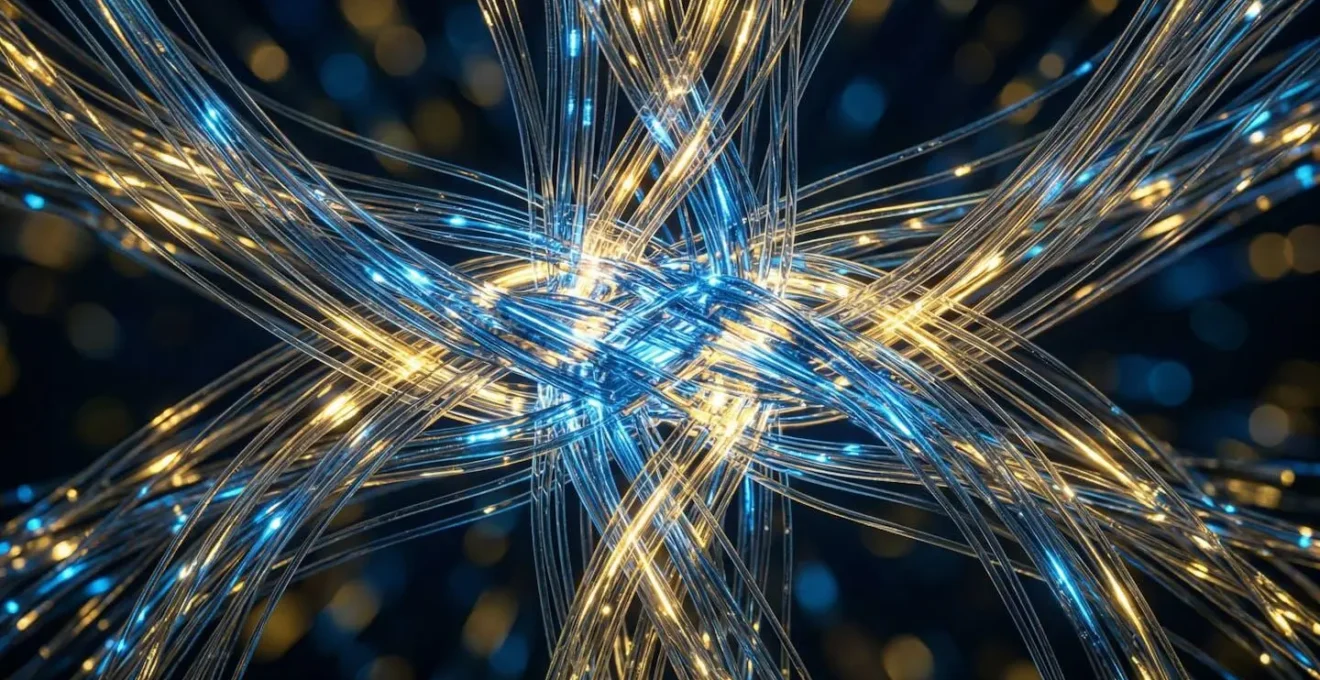 Représentation abstraite de deux flux de données convergeant et s'entrelaçant harmonieusement dans l'espace