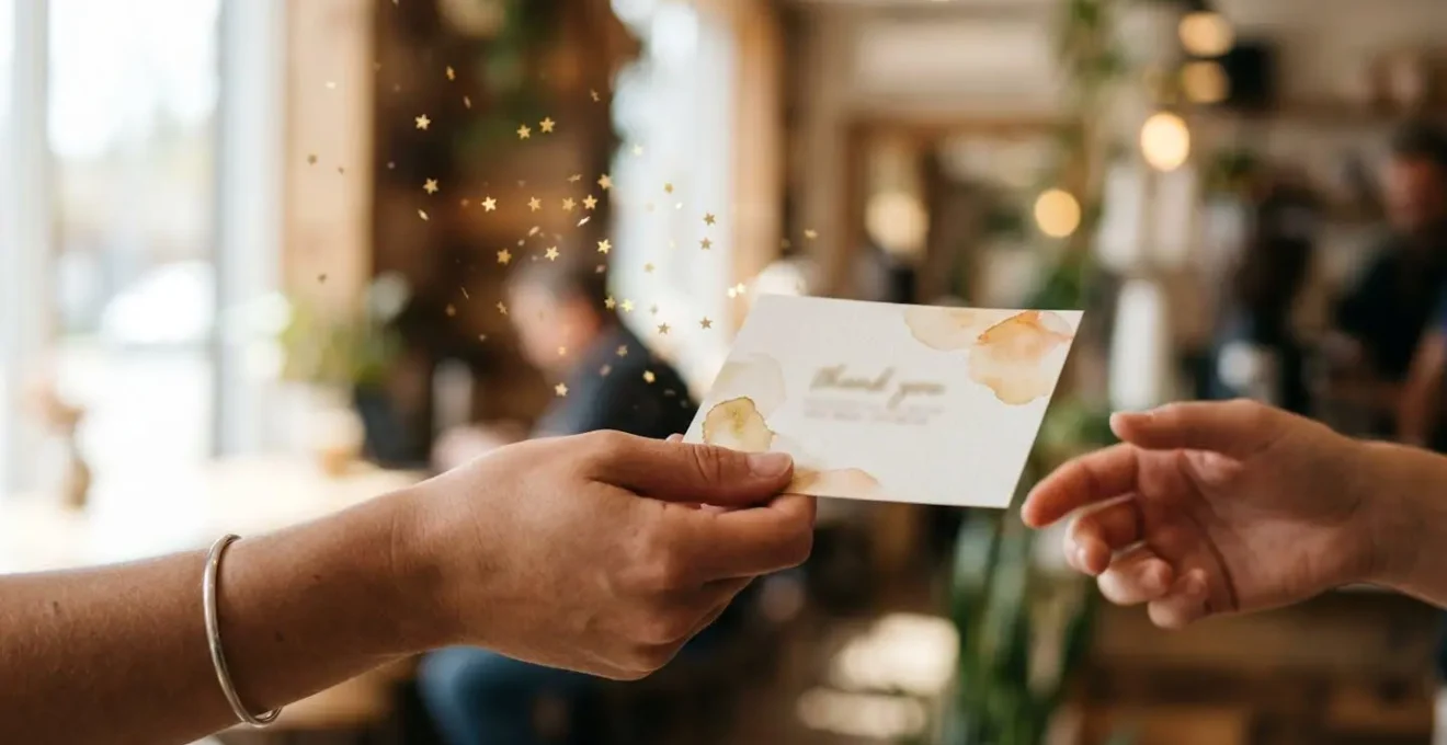 Main tendant une carte de remerciement avec étoiles dorées flottantes symbolisant les avis positifs