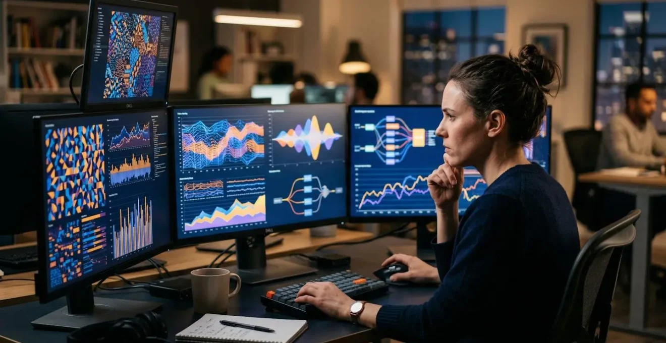 Développeur analysant des métriques de performance sur plusieurs écrans dans un environnement de travail moderne