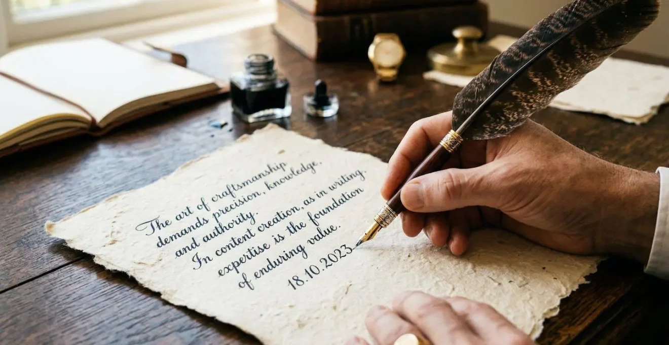 Plume de stylo de luxe touchant du papier texturé, métaphore de l'expertise, de la précision et de l'autorité de l'auteur dans la création de contenu.