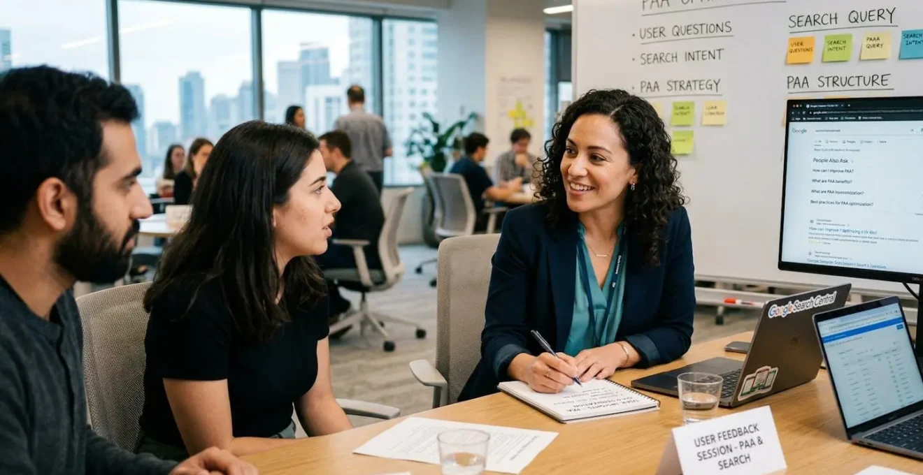 Une professionnelle engagée dans une conversation, symbolisant l'écoute active des questions des utilisateurs pour l'optimisation PAA.