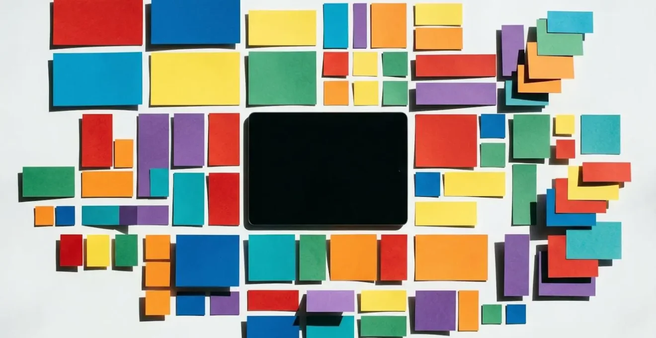 Tablette posée à plat entourée de formes géométriques colorées représentant une grille flexible