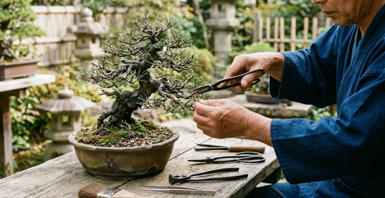 Mains expertes taillant délicatement un bonsaï avec des outils traditionnels japonais, symbolisant la précision du content pruning.